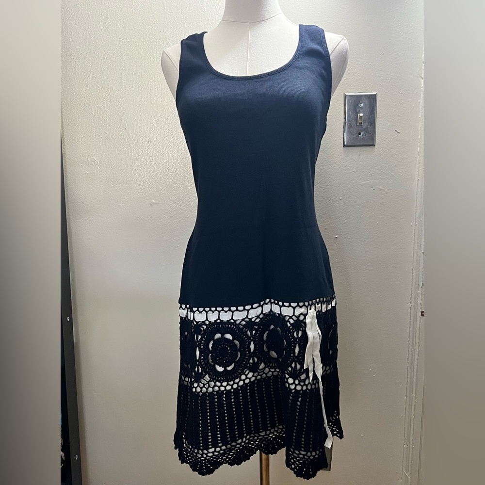 Moda International Navy Blue Crochet Cotton Top Dress Size M